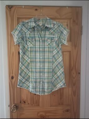Plaid Short-Sleeve Button Front Shirt - Teal & Cream